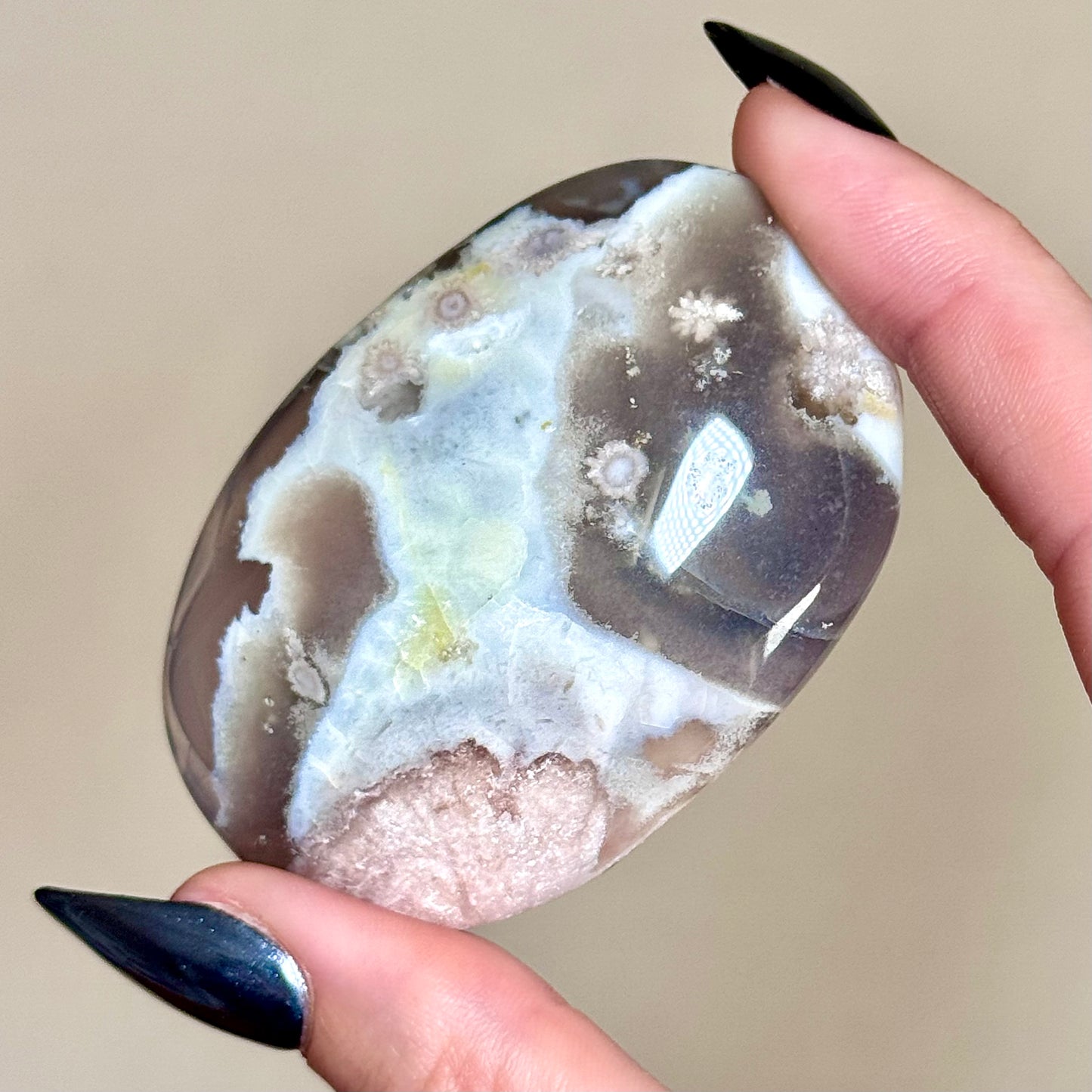 Black Flower Agate Palm Stones - You Choose
