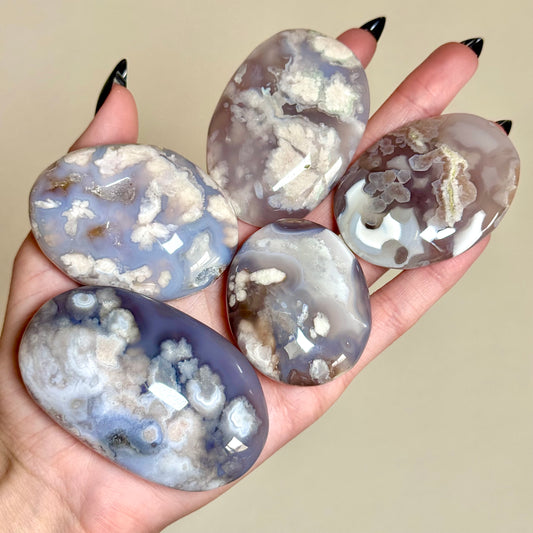 Black Flower Agate Palm Stones - You Choose
