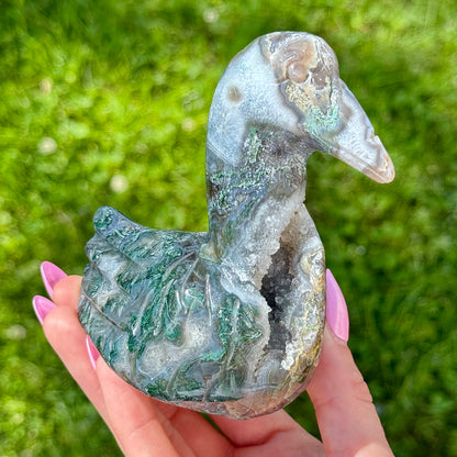 Large Moss Agate Swan Carving