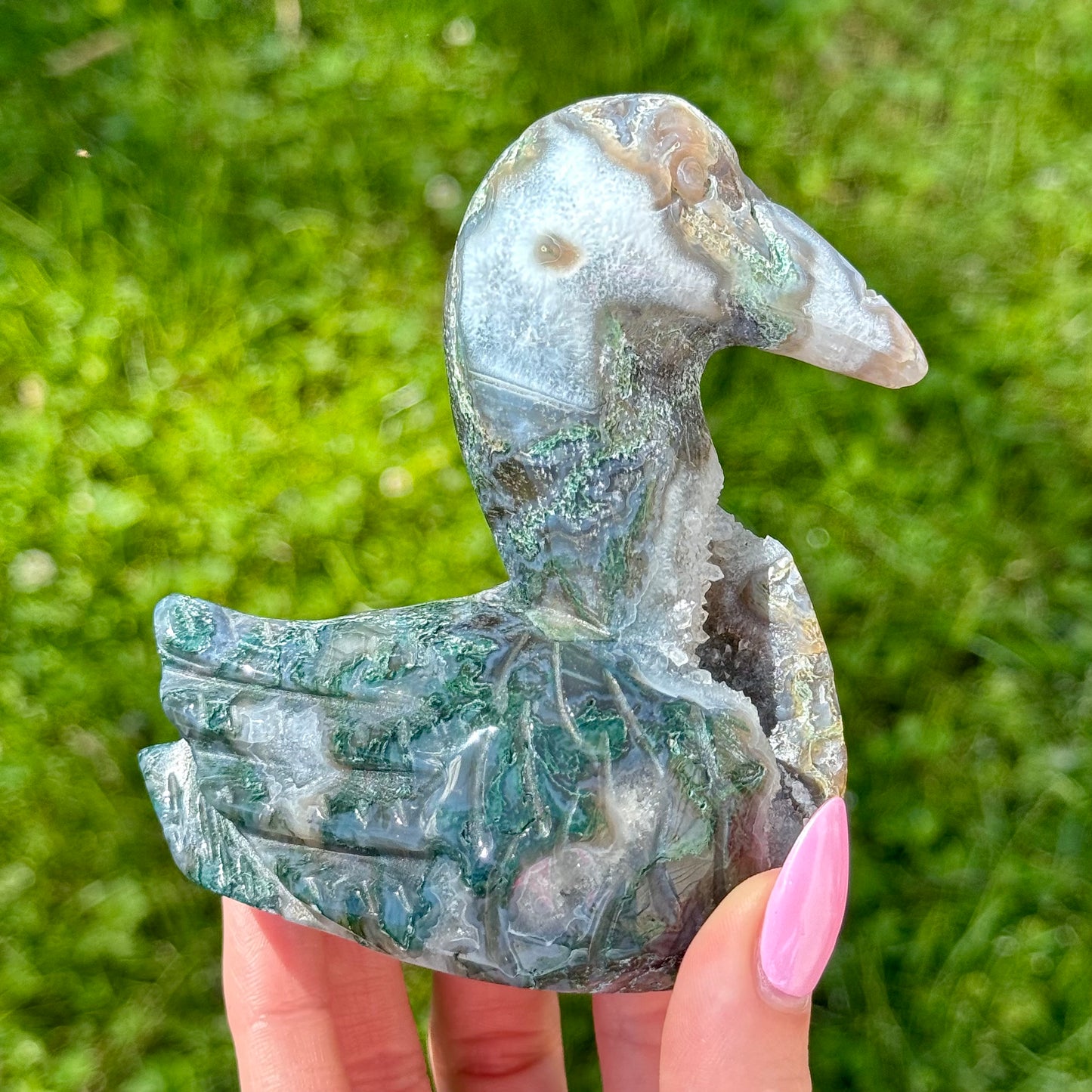 Large Moss Agate Swan Carving