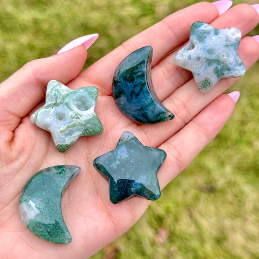 Mini Moss Agate Moon & Star Carvings